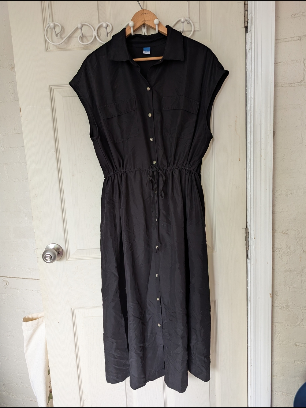 Old Navy Black Button-Front Drawstring Midi Shirt Dress Large